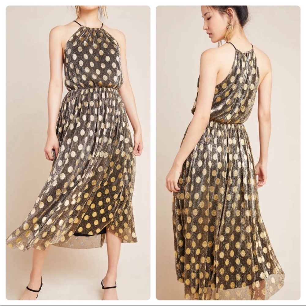 NWT Anthropologie SUNDAY IN BROOKLYN Confetti Halter Midi Dress Gold Metallic M
